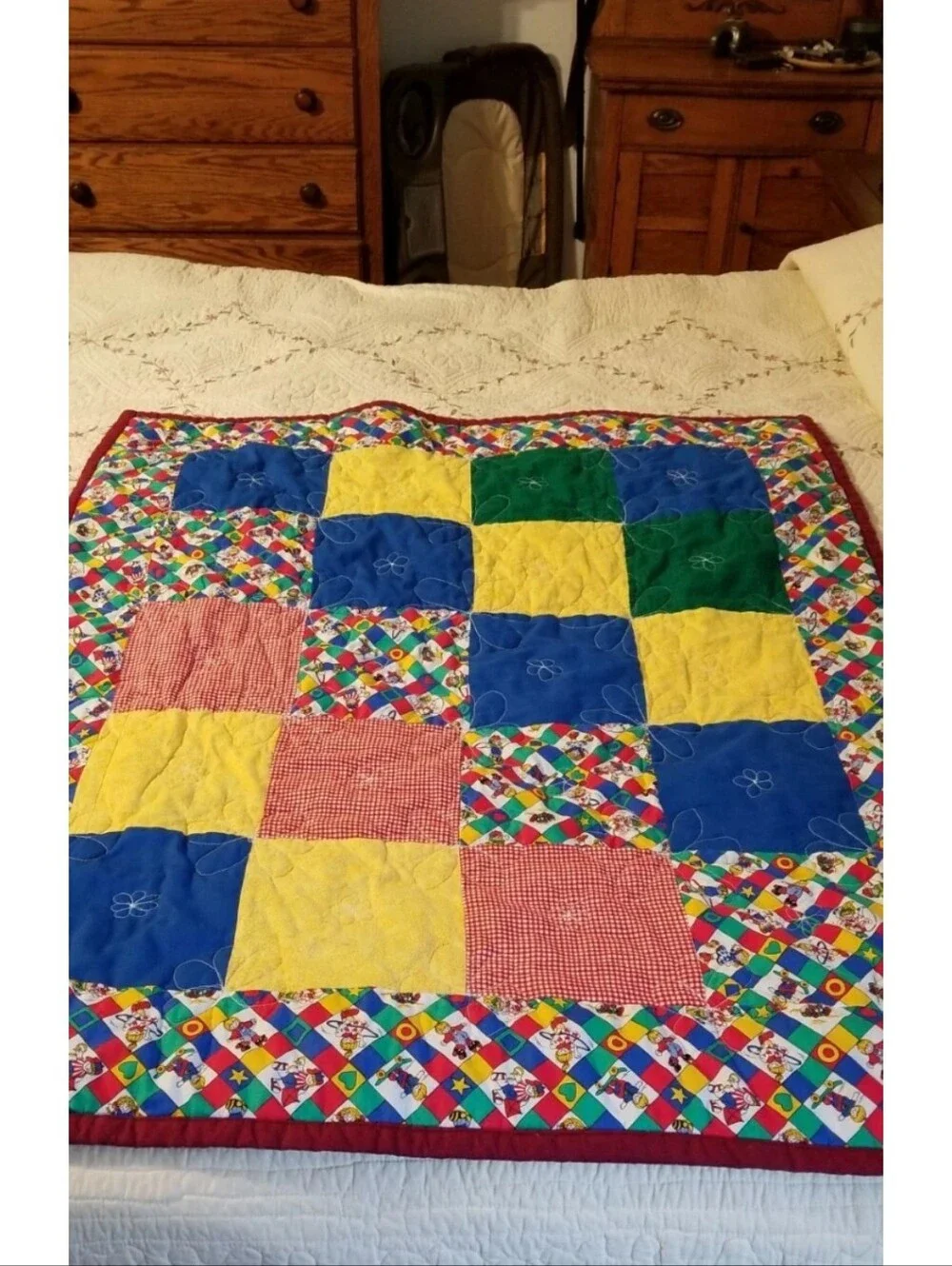 Vintage Baby Child Lap Quilt Blanket Childhood Activity Blue, Yellow, Green, Red